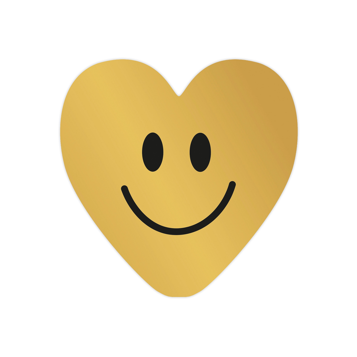 Hartjessmiley - Formaat: Standaard - Vorm: Hart - Blanco kaart - Op deze harten wenskaart is een egale, goudkleurige ondergrond te zien. Het ontwerp bevat een minimalistisch, zwart smiley-gezicht bestaande uit twee ovalen ogen en een brede, lachende mond. Het geheel heeft een eenvoudige en vrolijke uitstraling door het sterke contrast tussen de zwarte details en de gouden achtergrond. - Snelwenskaart