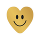 Hartjessmiley - Formaat: Standaard - Vorm: Hart - Blanco kaart - Op deze harten wenskaart is een egale, goudkleurige ondergrond te zien. Het ontwerp bevat een minimalistisch, zwart smiley-gezicht bestaande uit twee ovalen ogen en een brede, lachende mond. Het geheel heeft een eenvoudige en vrolijke uitstraling door het sterke contrast tussen de zwarte details en de gouden achtergrond. - Snelwenskaart