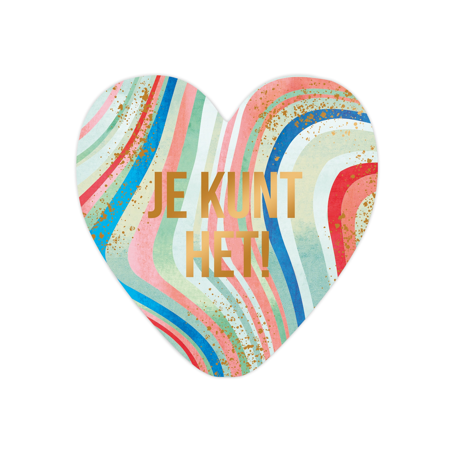 Je kunt het! - Formaat: Standaard - Vorm: Hart - Succes kaart - Op deze harten wenskaart is een patroon te zien van golvende, verticale strepen in diverse kleuren zoals roze, blauw, groen en rood. Centraal op de kaart staat in twee regels de tekst "JE KUNT HET!" in een strak, goudkleurig lettertype. Verspreid over het ontwerp zijn subtiele, goudkleurige spikkels aangebracht. Het geheel heeft een kleurrijke en bemoedigende uitstraling door de dynamische lijnen en de glanzende tekst. - Snelwenskaart