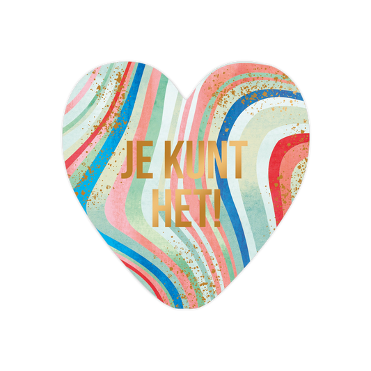 Je kunt het! - Formaat: Standaard - Vorm: Hart - Succes kaart - Op deze harten wenskaart is een patroon te zien van golvende, verticale strepen in diverse kleuren zoals roze, blauw, groen en rood. Centraal op de kaart staat in twee regels de tekst "JE KUNT HET!" in een strak, goudkleurig lettertype. Verspreid over het ontwerp zijn subtiele, goudkleurige spikkels aangebracht. Het geheel heeft een kleurrijke en bemoedigende uitstraling door de dynamische lijnen en de glanzende tekst. - Snelwenskaart