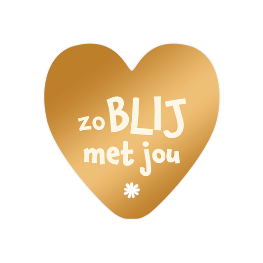 Zo blij met jou - Formaat: Standaard - Vorm: Hart - Bedankkaart - Op deze harten wenskaart is een egale, goudkleurige achtergrond te zien met daarop in witte, speelse letters de tekst "zo BLIJ met jou". Onderaan de tekst staat een klein, wit bloemicoon. Het ontwerp is eenvoudig en strak gehouden met een krachtig contrast tussen de warme goudkleur en de witte typografie. - Snelwenskaart