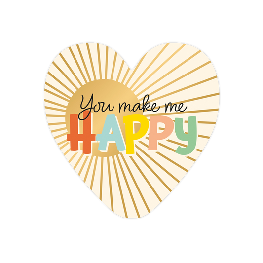 You make me happy - Formaat: Standaard - Vorm: Hart - Vriendschapskaart - Op deze harten wenskaart is een beige achtergrond met een gestileerde zonnestraal-tekening in goudkleurige lijnen te zien. Centraal staat de tekst "You make me" in zwarte letters, met daaronder het woord "HAPPY" in grote, gekleurde letters waarbij elke letter een eigen tint heeft. Het geheel heeft een vrolijke, retro-geïnspireerde uitstraling door het gebruik van kleurrijke typografie en zonnige grafische elementen. - Snelwenskaart