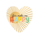 You make me happy - Formaat: Standaard - Vorm: Hart - Vriendschapskaart - Op deze harten wenskaart is een beige achtergrond met een gestileerde zonnestraal-tekening in goudkleurige lijnen te zien. Centraal staat de tekst "You make me" in zwarte letters, met daaronder het woord "HAPPY" in grote, gekleurde letters waarbij elke letter een eigen tint heeft. Het geheel heeft een vrolijke, retro-geïnspireerde uitstraling door het gebruik van kleurrijke typografie en zonnige grafische elementen. - Snelwenskaart