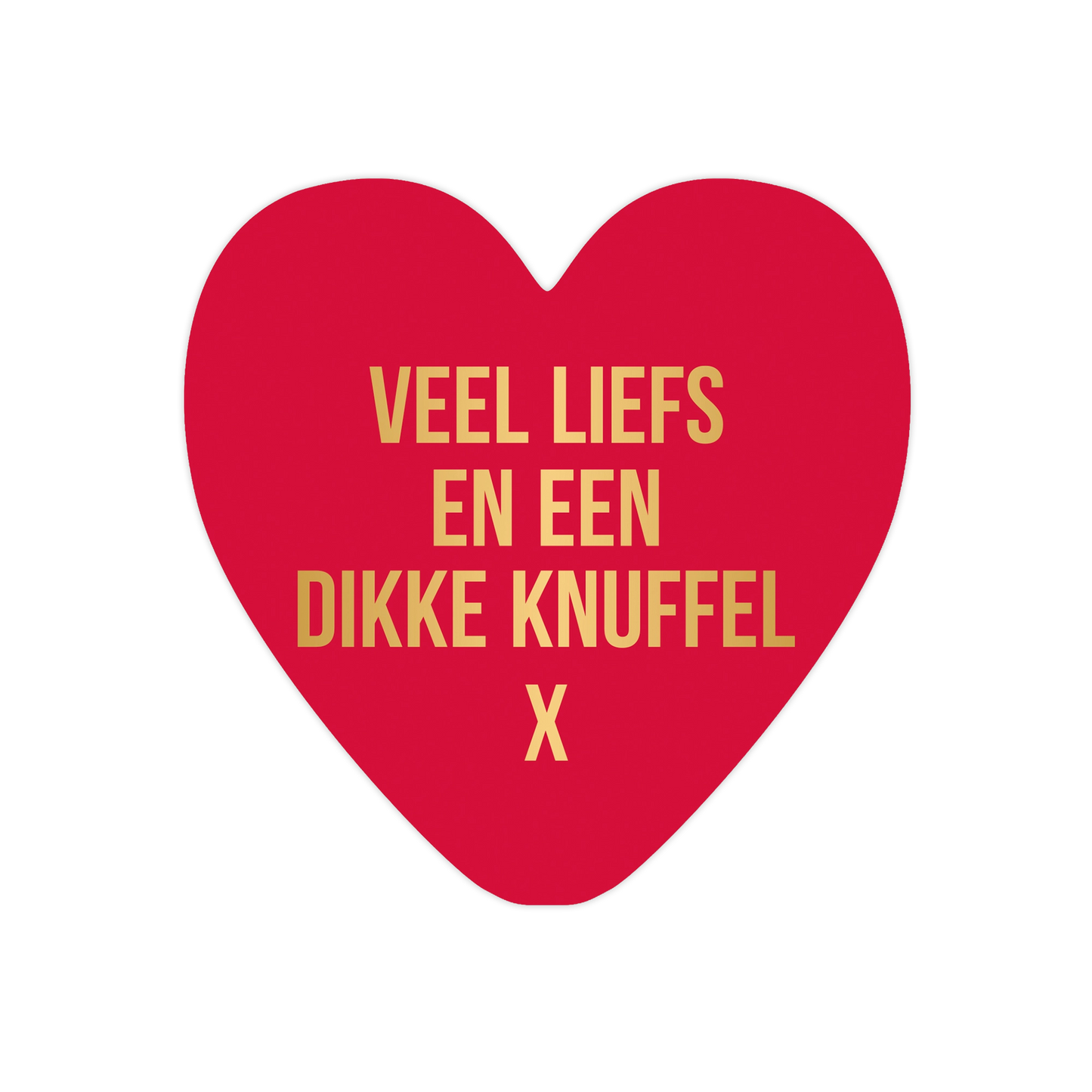 Veel liefs en een dikke knuffel - Formaat: Standaard - Vorm: Hart - Vriendschapskaart - Op deze harten wenskaart is een effen rode achtergrond te zien. Centraal staat de tekst "VEEL LIEFS EN EEN DIKKE KNUFFEL" in vier regels, gevolgd door een "X" op de laatste regel. De tekst is gedrukt in een strak, goudkleurig lettertype dat scherp afsteekt tegen de rode ondergrond. Het ontwerp is minimalistisch en krachtig door het gebruik van slechts twee kleuren. - Snelwenskaart