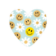 Smileys - Formaat: Standaard - Vorm: Hart - Blanco kaart - Op deze harten wenskaart is een lichtblauwe achtergrond te zien met een herhalend patroon van witte madeliefjes en beige smileygezichten. In het midden valt één felgele smiley extra op tussen de overige elementen. Het ontwerp heeft een speelse en vrolijke uitstraling door de combinatie van bloemen en lachende gezichtjes. - Snelwenskaart
