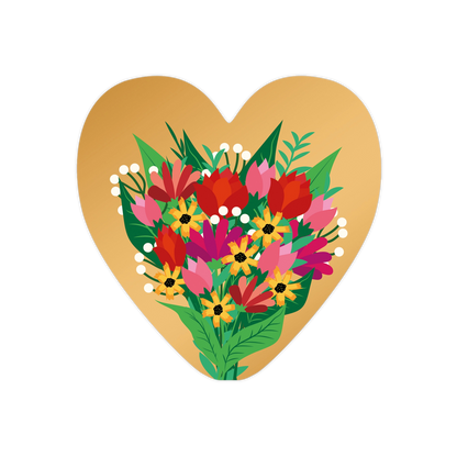 Bloemenboeket - Formaat: Standaard - Vorm: Hart - Blanco kaart - Op deze harten wenskaart is een goudkleurige achtergrond te zien waarop een kleurrijk boeket bloemen in een grafische illustratiestijl is afgebeeld. Het boeket bestaat uit een variëteit aan bloemen in tinten van rood, roze, geel en wit, omringd door groene bladeren. Het ontwerp heeft een levendige en vrolijke uitstraling door het kleurcontrast tussen de bloemen en de metallic achtergrond. - Snelwenskaart