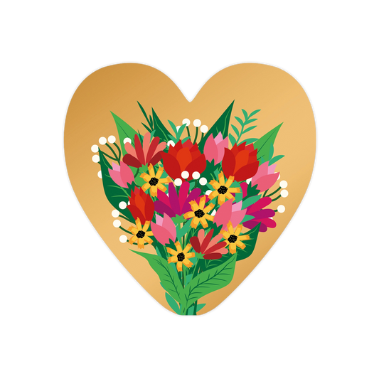 Bloemenboeket - Formaat: Standaard - Vorm: Hart - Blanco kaart - Op deze harten wenskaart is een goudkleurige achtergrond te zien waarop een kleurrijk boeket bloemen in een grafische illustratiestijl is afgebeeld. Het boeket bestaat uit een variëteit aan bloemen in tinten van rood, roze, geel en wit, omringd door groene bladeren. Het ontwerp heeft een levendige en vrolijke uitstraling door het kleurcontrast tussen de bloemen en de metallic achtergrond. - Snelwenskaart