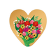 Bloemenboeket - Formaat: Standaard - Vorm: Hart - Blanco kaart - Op deze harten wenskaart is een goudkleurige achtergrond te zien waarop een kleurrijk boeket bloemen in een grafische illustratiestijl is afgebeeld. Het boeket bestaat uit een variëteit aan bloemen in tinten van rood, roze, geel en wit, omringd door groene bladeren. Het ontwerp heeft een levendige en vrolijke uitstraling door het kleurcontrast tussen de bloemen en de metallic achtergrond. - Snelwenskaart