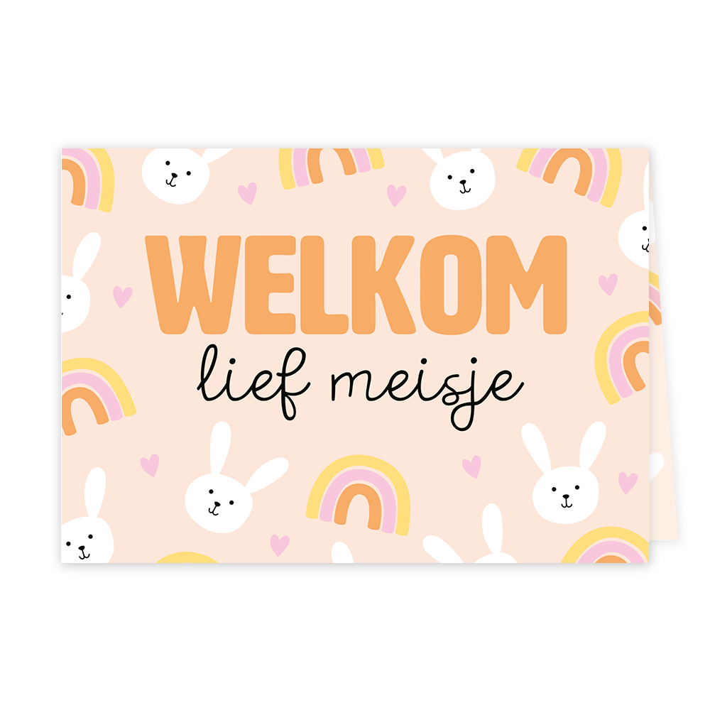 Welkom lief meisje - Formaat: Klein - Vorm: Liggend - Geboortekaart - Op deze wenskaart zijn regenbogen in de kleuren geel, paars en oranje, konijntjes in een witte kleur en hartjes in het paars, op een beige kleurige achtergrond. In het midden staat de tekst: "Welkom lief meisje". - Snelwenskaart