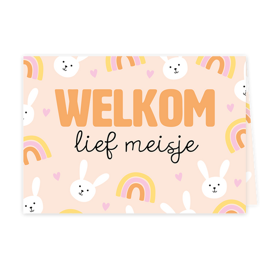 Welkom lief meisje - Formaat: Klein - Vorm: Liggend - Geboortekaart - Op deze wenskaart zijn regenbogen in de kleuren geel, paars en oranje, konijntjes in een witte kleur en hartjes in het paars, op een beige kleurige achtergrond. In het midden staat de tekst: "Welkom lief meisje". - Snelwenskaart