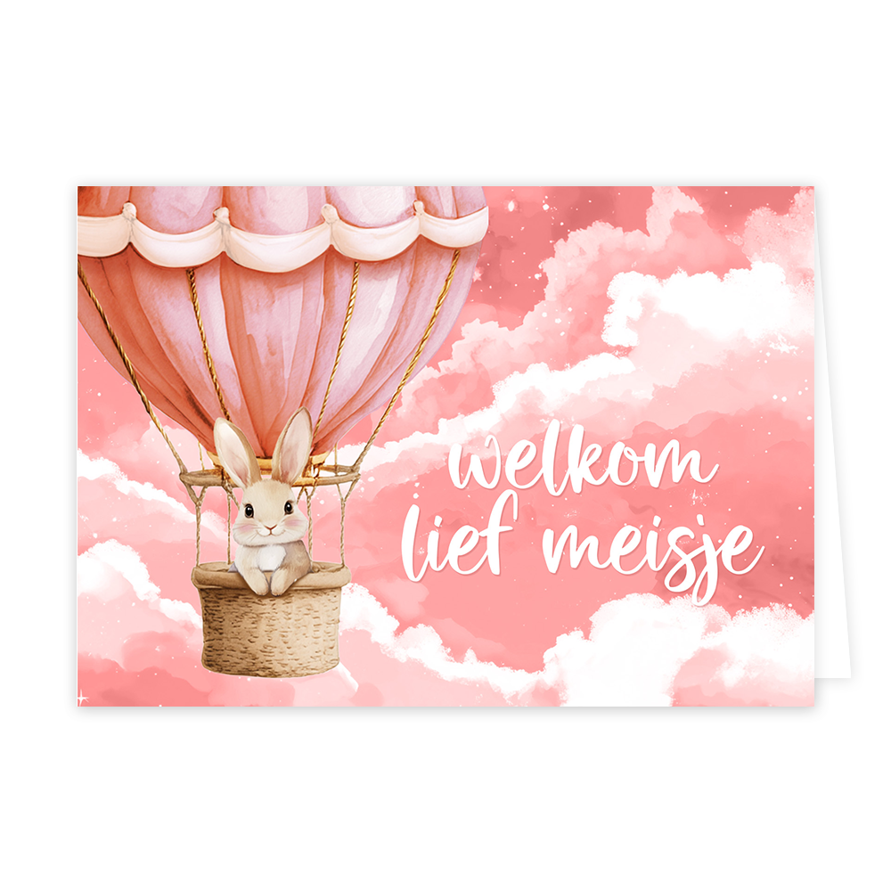 Welkom lief meisje - Formaat: Klein - Vorm: Liggend - Geboortekaart - Op deze wenskaart is een schattig konijntje te zien dat in het mandje van een roze heteluchtballon zit. De achtergrond bestaat uit een zachte, roze lucht met wolken en kleine lichtpuntjes. Naast de ballon staat in een sierlijk, wit lettertype de tekst "welkom lief meisje". Het geheel heeft een zachte, illustratieve uitstraling in aquarelstijl. - Snelwenskaart