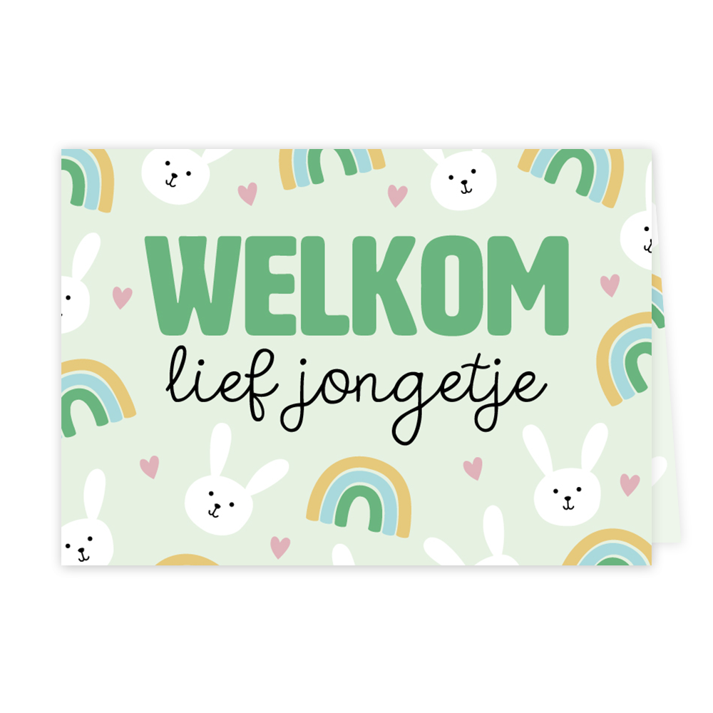 Welkom lief jongetje - Formaat: Klein - Vorm: Liggend - Geboortekaart - Op deze wenskaart staan regenbogen, hartjes en konijntjes met in het midden de tekst: "Welkom lief jongetje". - Snelwenskaart