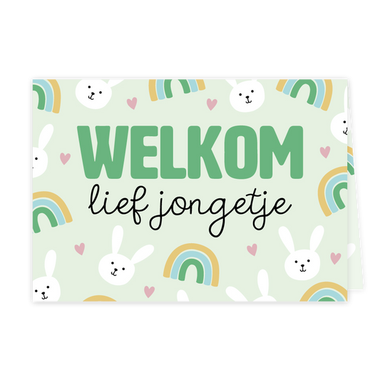 Welkom lief jongetje - Formaat: Klein - Vorm: Liggend - Geboortekaart - Op deze wenskaart staan regenbogen, hartjes en konijntjes met in het midden de tekst: "Welkom lief jongetje". - Snelwenskaart
