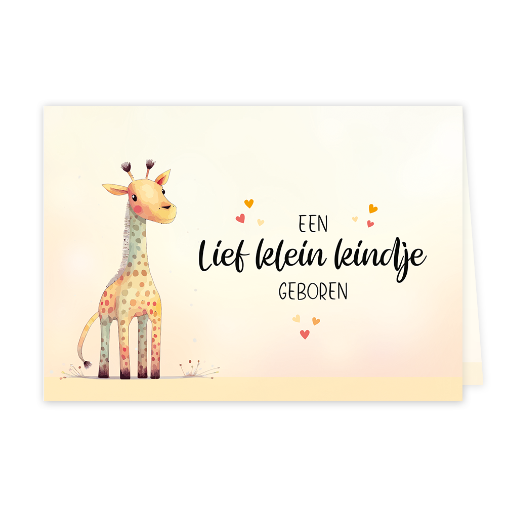 Een lief klein kindje geboren - Formaat: Klein - Vorm: Liggend - Geboortekaart - Op deze wenskaart staat een giraffe met rechts de tekst: "Een lief klein kindje geboren" omringt door hartjes. - Snelwenskaart