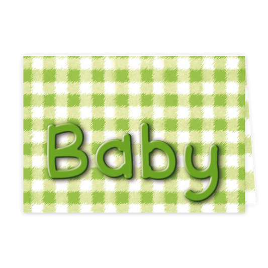 Baby - Formaat: Klein - Vorm: Liggend - Geboortekaart - Op deze wenskaart staat de tekst: "Baby" met wit en groen ruitjes op de achtergrond. - Snelwenskaart