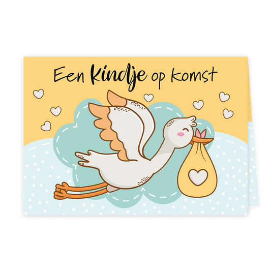 Een kindje op komst - Formaat: Klein - Vorm: Liggend - Zwanger kaart - Op deze wenskaart staat een ooievaar met daarboven de tekst: "Een kindje op komst". - Snelwenskaart