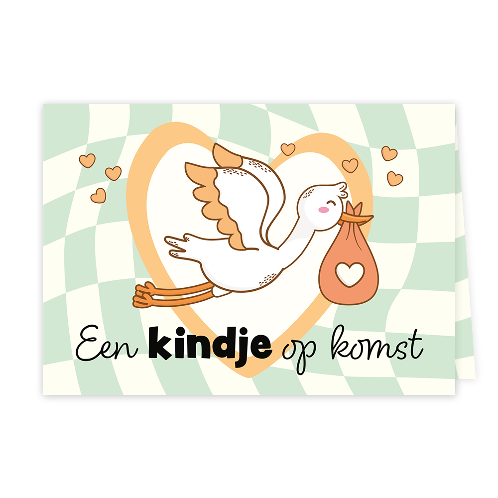 Een kindje op komst - Formaat: Klein - Vorm: Liggend - Geboortekaart - Op deze wenskaart staat een ooievaar met een zakje met daarop een wit hartje. Op de achtergrond staat een groot hart met vakjes in de kleuren groen en beige. Onder de ooievaar staat de tekst: "Een kindje op komst". - Snelwenskaart