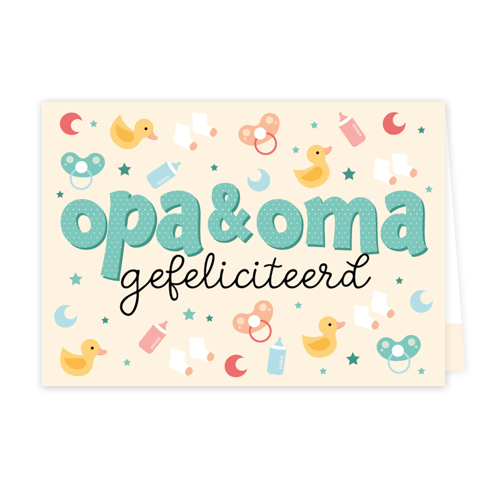 Opa en oma gefeliciteerd - Formaat: Klein - Vorm: Liggend - Geboortekaart - Op deze wenskaart staan badeentjes, speentjes, babyflesjes, sterren en halve manen, met in het midden de tekst: "Opa & oma gefeliciteerd". - Snelwenskaart