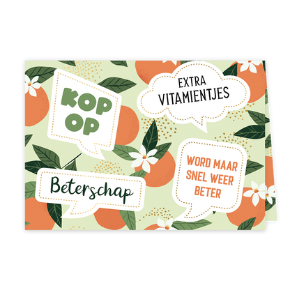 Beterschap - Formaat: Klein - Vorm: Liggend - Beterschapskaart - Op deze wenskaart staan sinaasappels met de teksten: "Hop op", "Extra vitamientjes", "Beterschap" en "Wordt maar snel weer beter". - Snelwenskaart