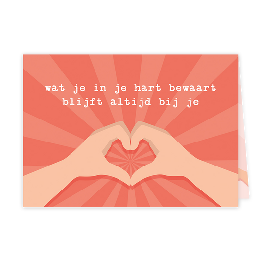 Wat je in je hart bewaart blijft altijd bij je - Formaat: Klein - Vorm: Liggend - Denken aan kaart - Op deze wenskaart zijn twee handen afgebeeld die samen de vorm van een hartje maken. De achtergrond heeft een stervormig patroon in tinten rood en roze. Boven de handen staat de tekst "wat je in je hart bewaart blijft altijd bij je" in een wit, typemachine-achtig lettertype. - Snelwenskaart