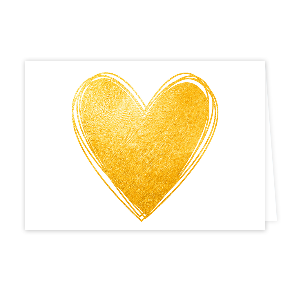 Goud hart - Formaat: Klein - Vorm: Liggend - Blanco kaart - Op deze wenskaart staat centraal een groot hart afgebeeld met een goudkleurige textuur die doet denken aan bladgoud. Het hart is omlijnd met dubbele, handgetekende lijnen in dezelfde gouden kleur. De achtergrond van de afbeelding is volledig wit. Er is geen tekst op de illustratie aanwezig. - Snelwenskaart