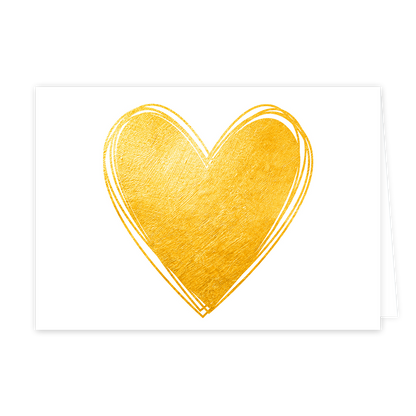Goud hart - Formaat: Klein - Vorm: Liggend - Blanco kaart - Op deze wenskaart staat centraal een groot hart afgebeeld met een goudkleurige textuur die doet denken aan bladgoud. Het hart is omlijnd met dubbele, handgetekende lijnen in dezelfde gouden kleur. De achtergrond van de afbeelding is volledig wit. Er is geen tekst op de illustratie aanwezig. - Snelwenskaart