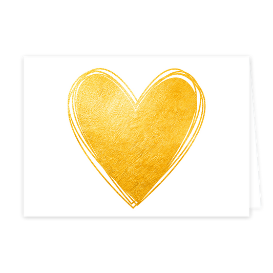 Goud hart - Formaat: Klein - Vorm: Liggend - Blanco kaart - Op deze wenskaart staat centraal een groot hart afgebeeld met een goudkleurige textuur die doet denken aan bladgoud. Het hart is omlijnd met dubbele, handgetekende lijnen in dezelfde gouden kleur. De achtergrond van de afbeelding is volledig wit. Er is geen tekst op de illustratie aanwezig. - Snelwenskaart