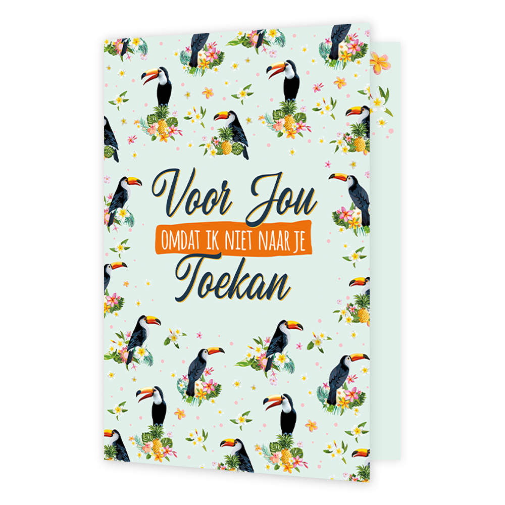 Voor jou omdat ik niet naar je toekan - Formaat: Klein - Vorm: Staand - Denken aan kaart - Op deze wenskaart staan toekans met in het midden de tekst: "Voor jou omdat ik niet naar je toekan". - Snelwenskaart
