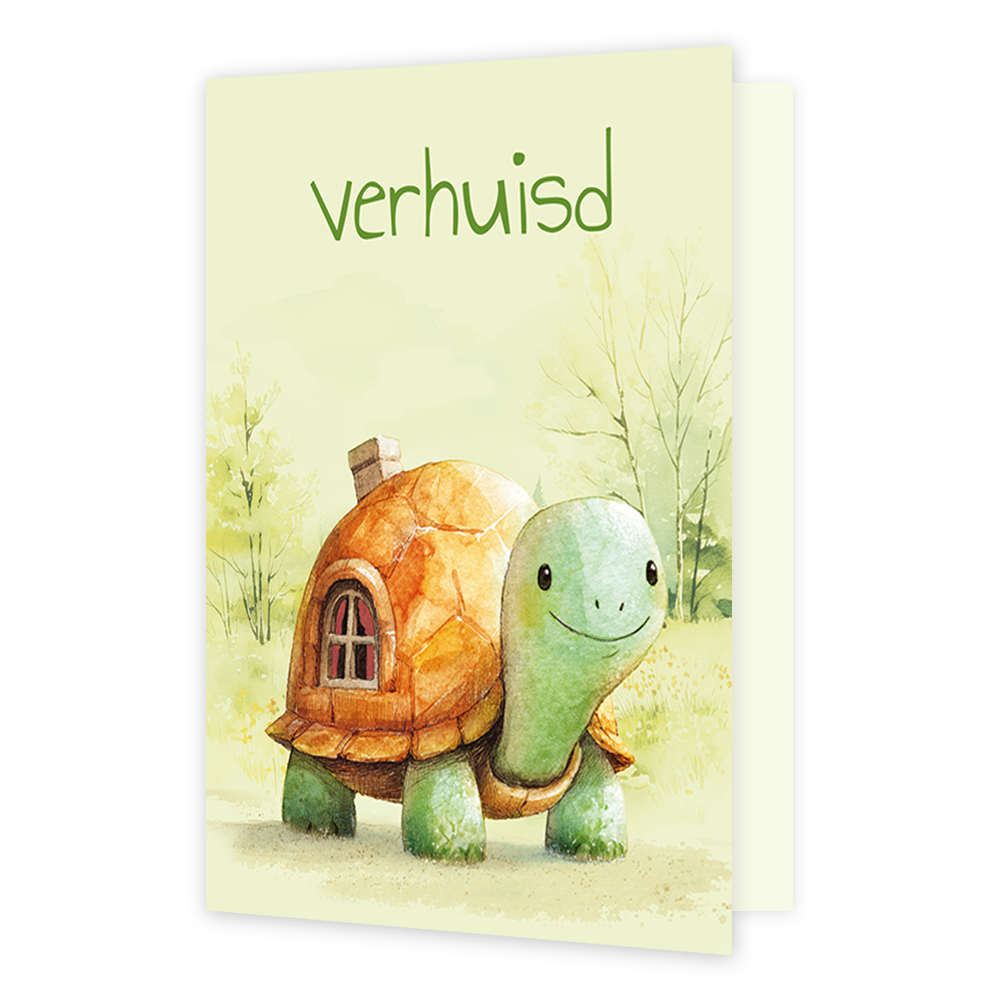 Op deze wenskaart staat een schildpad en daarboven de tekst: "Verhuisd".