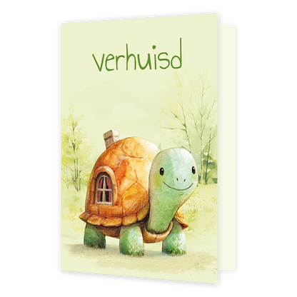 Op deze wenskaart staat een schildpad en daarboven de tekst: "Verhuisd".