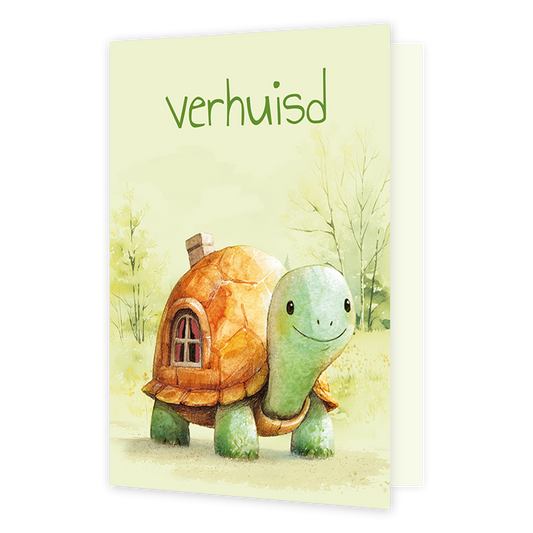 Op deze wenskaart staat een schildpad en daarboven de tekst: "Verhuisd".