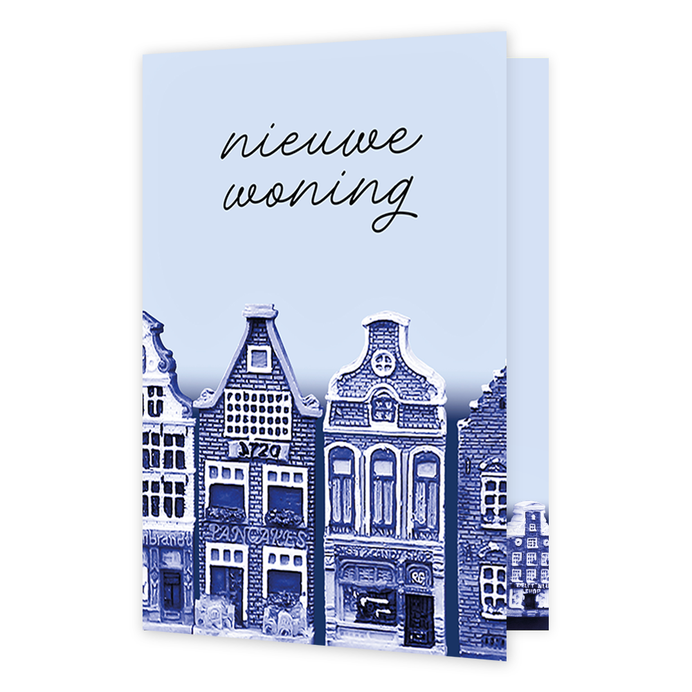 Op deze wenskaart staan amsterdamse huizen met daarboven de tekst: "Nieuwe woning". 