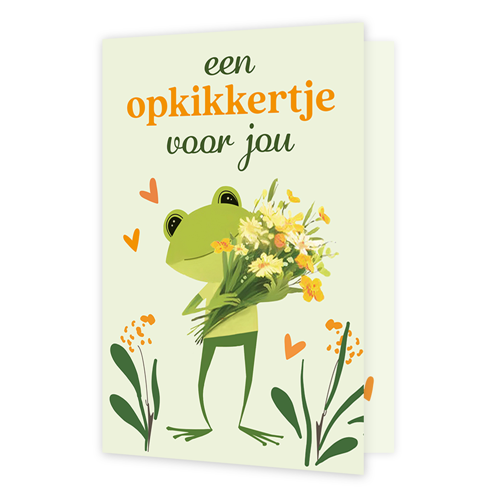 Op deze wenskaart staat een kikker met een blos bloemen in de hand met daarboven de tekst: "Een opkikkertje voor jou". 