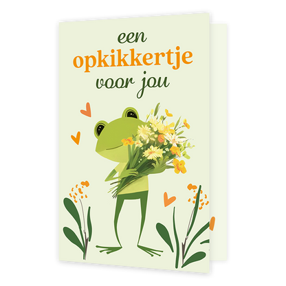 Op deze wenskaart staat een kikker met een blos bloemen in de hand met daarboven de tekst: "Een opkikkertje voor jou". 