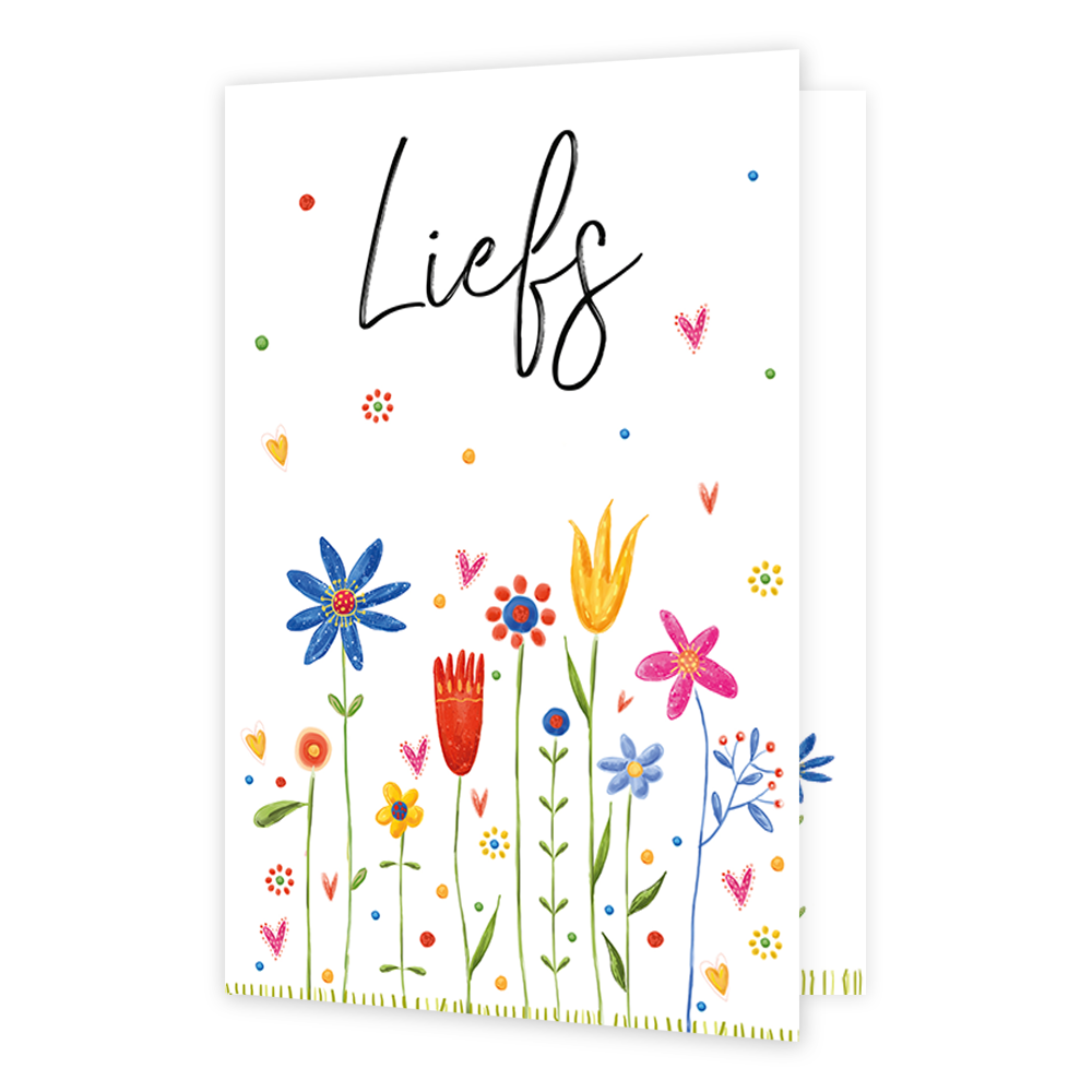 Liefs - Formaat: Klein - Vorm: Staand - Vriendschapskaart - Op deze wenskaart staan bloemen in de kleuren roze, blauw, rood, geel en groen, met daarboven de tekst: "Liefs". - Snelwenskaart