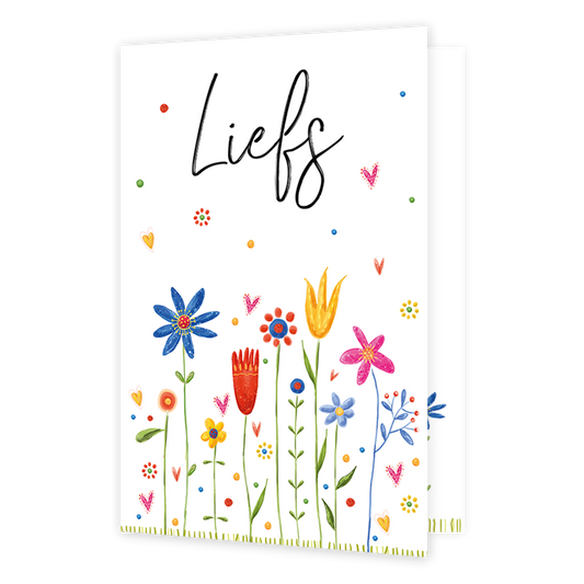 Liefs - Formaat: Klein - Vorm: Staand - Vriendschapskaart - Op deze wenskaart staan bloemen in de kleuren roze, blauw, rood, geel en groen, met daarboven de tekst: "Liefs". - Snelwenskaart