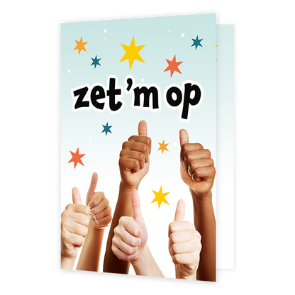 Zet 'm op - Formaat: Klein - Vorm: Staand - Succes kaart - Op deze wenskaart staan duimen omringt door sterren, met de tekst: "Zet 'm op". - Snelwenskaart