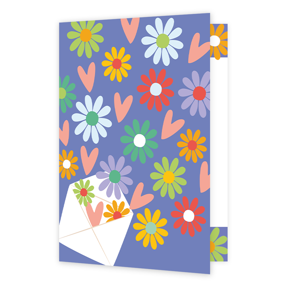 Bloemen en hartjes - Formaat: Klein - Vorm: Staand - Blanco kaart - Op deze wenskaart staan bloemen en hartjes die uit een envelop komen in de kleuren rood, oranje, blauw, green, geel en paars. - Snelwenskaart