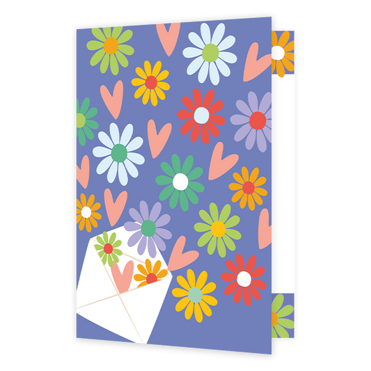 Bloemen en hartjes - Formaat: Klein - Vorm: Staand - Blanco kaart - Op deze wenskaart staan bloemen en hartjes die uit een envelop komen in de kleuren rood, oranje, blauw, green, geel en paars. - Snelwenskaart
