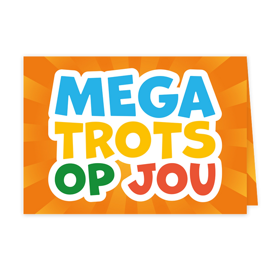 Mega trots op jou - Formaat: Klein - Vorm: Liggend - Complimentenkaart - Op deze wenskaart staat de tekst "MEGA TROTS OP JOU" centraal in kleurrijke, dikgedrukte letters. De woorden "MEGA" zijn blauw, "TROTS" is geel, en "OP JOU" zijn uitgevoerd in groen en oranje. De tekst is voorzien van een witte omlijning en is geplaatst tegen een oranje achtergrond met een stralend, stervormig patroon. - Snelwenskaart