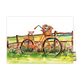  Op deze wenskaart staat een oranje fiets afgebeeld die geparkeerd staat voor een houten hek in een groen landschap. Aan het stuur van de fiets hangt een mandje dat gevuld is met een kleurrijk boeket bloemen. De voorgrond is gevuld met gras en diverse bloemen die in een losse, schilderachtige stijl zijn weergegeven. De illustratie heeft een frisse, zomerse uitstraling met een witte achtergrond. 