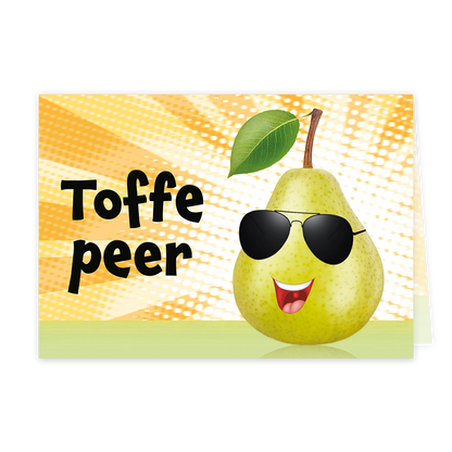 Toffe peer - Formaat: Klein - Vorm: Liggend - Complimentenkaart - Op deze wenskaart staat een peer met een zonnebril op. Daarnaast staat de tekst: "Toffe peer". - Snelwenskaart