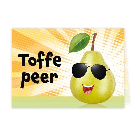 Toffe peer - Formaat: Klein - Vorm: Liggend - Complimentenkaart - Op deze wenskaart staat een peer met een zonnebril op. Daarnaast staat de tekst: "Toffe peer". - Snelwenskaart