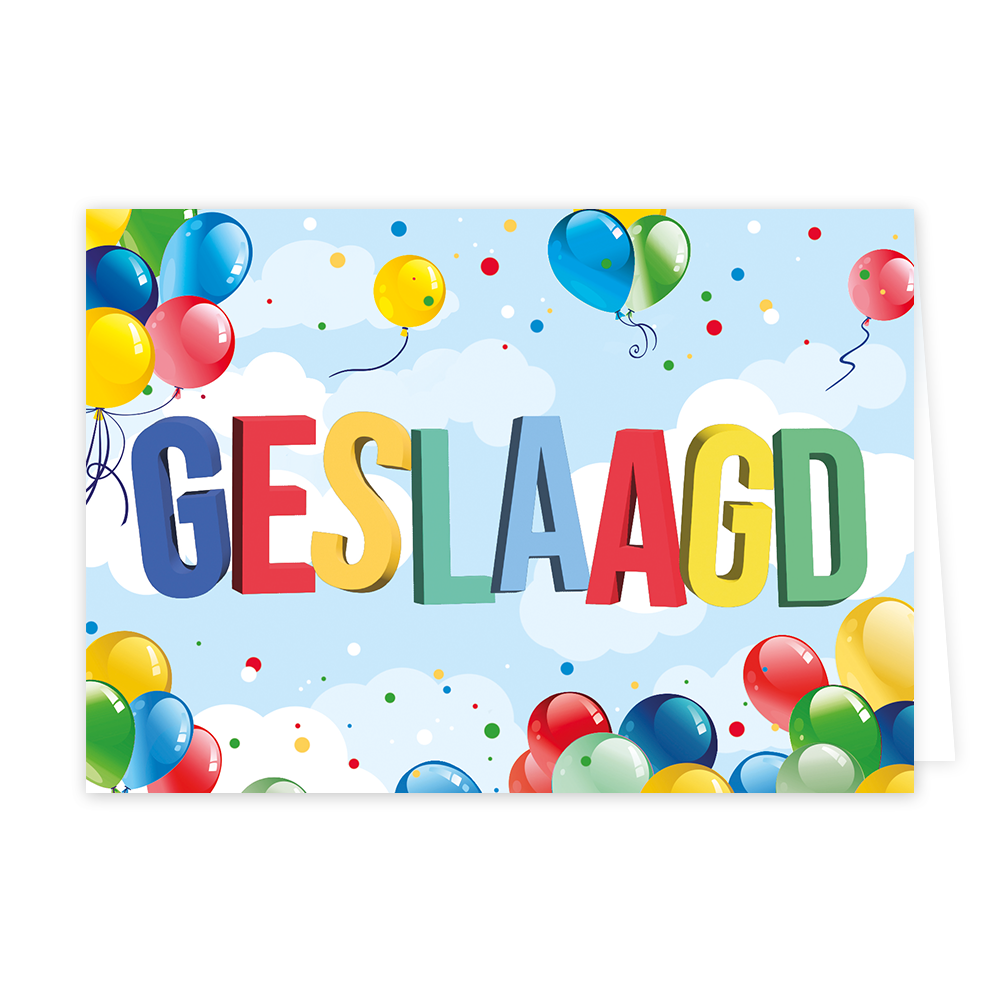 Geslaagd - Formaat: Klein - Vorm: Liggend - Geslaagd kaart - Op deze wenskaart staan ballonnen in diverse kleuren met in het midden de tekst: "Geslaagd". - Snelwenskaart