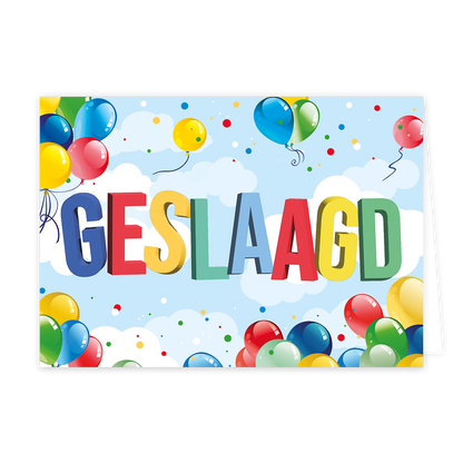 Geslaagd - Formaat: Klein - Vorm: Liggend - Geslaagd kaart - Op deze wenskaart staan ballonnen in diverse kleuren met in het midden de tekst: "Geslaagd". - Snelwenskaart