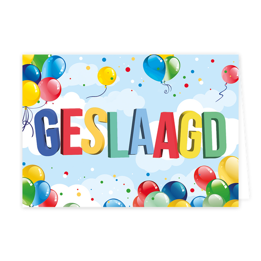 Geslaagd - Formaat: Klein - Vorm: Liggend - Geslaagd kaart - Op deze wenskaart staan ballonnen in diverse kleuren met in het midden de tekst: "Geslaagd". - Snelwenskaart