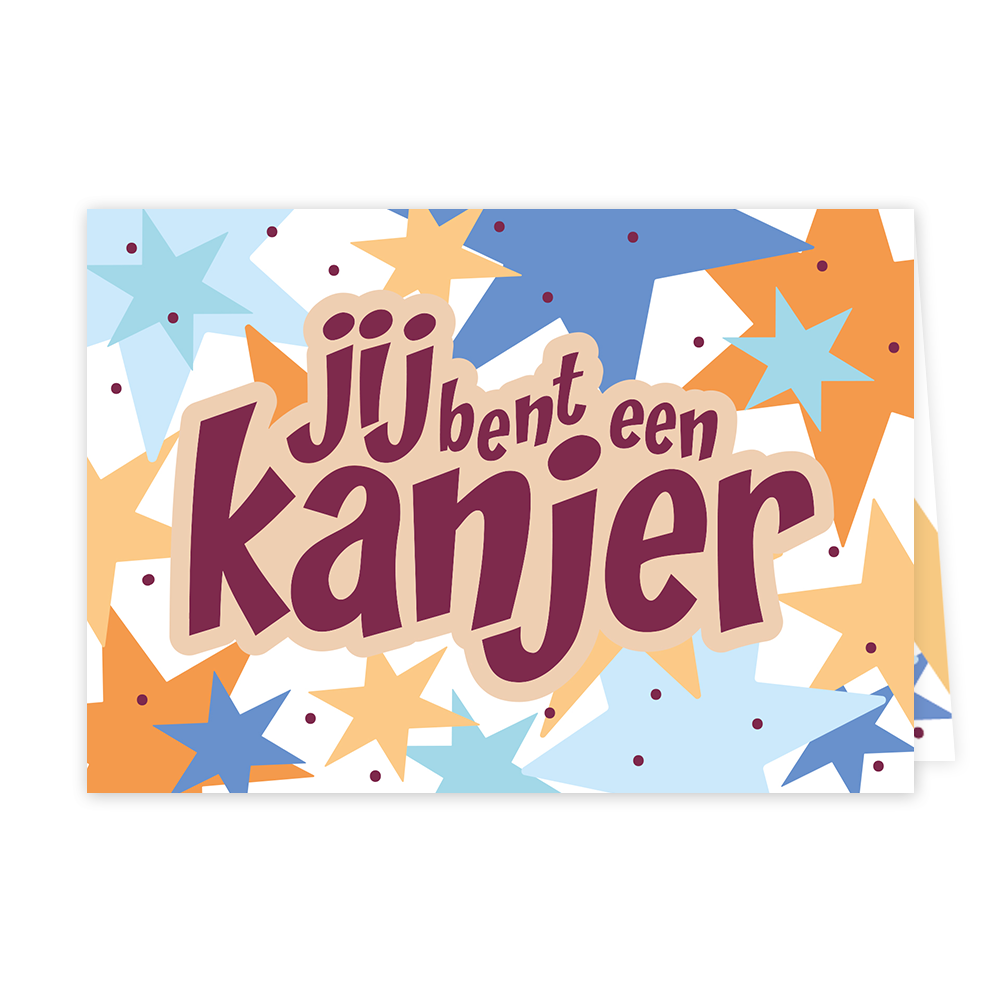 Jij bent een kanjer - Formaat: Klein - Vorm: Liggend - Complimentenkaart - Op deze wenskaart staan meerdere sterren met in het midden de tekst: "Jij bent een kanjer". - Snelwenskaart