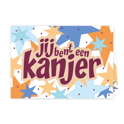 Jij bent een kanjer - Formaat: Klein - Vorm: Liggend - Complimentenkaart - Op deze wenskaart staan meerdere sterren met in het midden de tekst: "Jij bent een kanjer". - Snelwenskaart