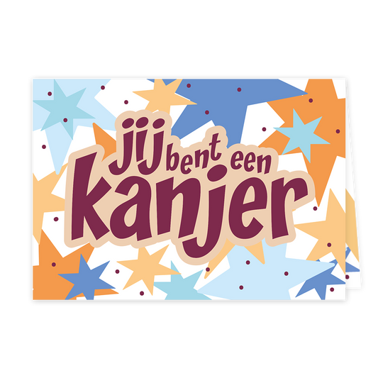Jij bent een kanjer - Formaat: Klein - Vorm: Liggend - Complimentenkaart - Op deze wenskaart staan meerdere sterren met in het midden de tekst: "Jij bent een kanjer". - Snelwenskaart