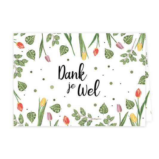 Dank je wel - Formaat: Klein - Vorm: Liggend - Bedankkaart - Op deze wenskaart staan bloemen en bladeren met in het midden de tekst: "Dank je wel". - Snelwenskaart